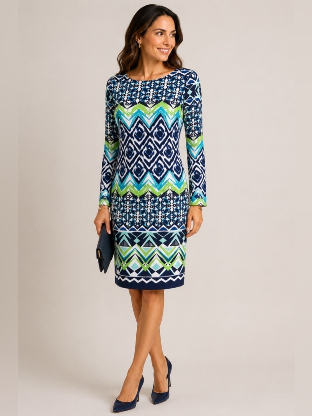Vince Camuto Size 6 Blue Geometric Printed Long Sleeve Sheath Career Par…